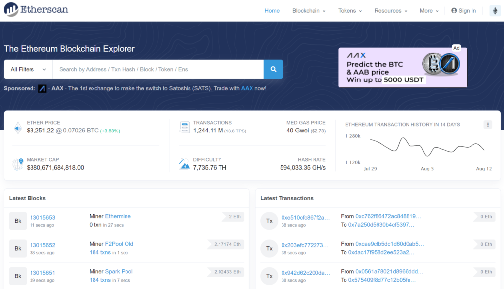 Giao diện website Etherscan